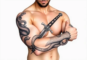mystical snake coiled around an ancient dagger with jeweled hilt tattoo idea