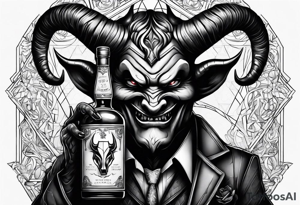 Devil holding whiskey bottle tattoo idea