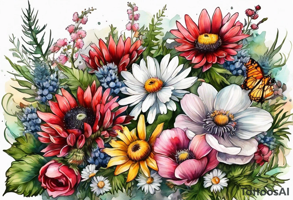wildflowers cascading with thistles, ferns, white anemones, sun flowers, buttercups, pink flowers, red flowers, babys breath and daisies all in watercolor tattoo idea