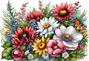 wildflowers cascading with thistles, ferns, white anemones, sun flowers, buttercups, pink flowers, red flowers, babys breath and daisies all in watercolor tattoo idea
