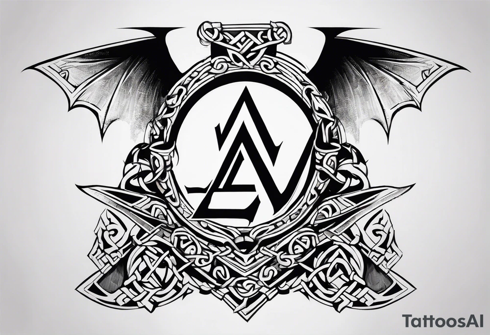 Valhalla sword shield dragon axe Valknut barbed wire chains tribal tattoo idea
