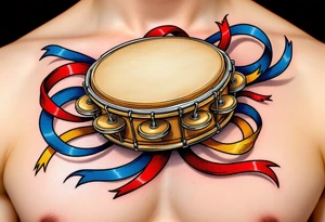 Tambourine and Dance Ribbon – A wooden tambourine in light brown with colorful ribbons (red, blue, yellow) swirling around it, conveying rhythm, joy, and movement. tattoo idea