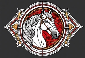 an arched stained glass window with a horse's head. The horse is red and brown colour. tattoo idea