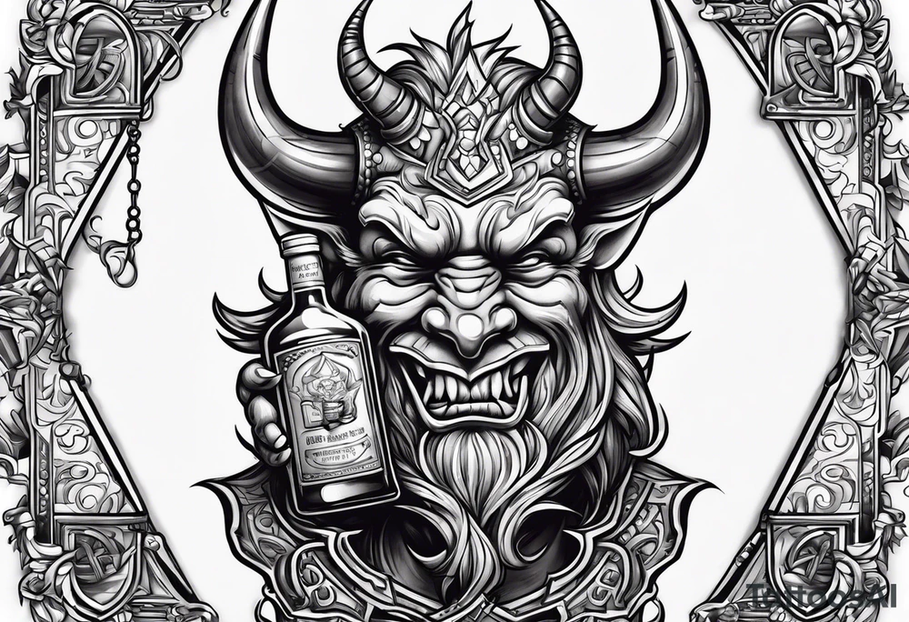 Devil holding whiskey bottle tattoo idea