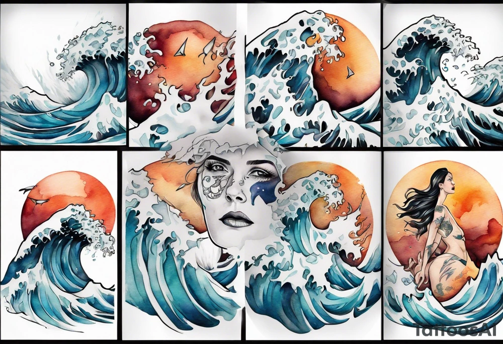 a crashing wave with the face of a woman tattoo idea