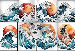 a crashing wave with the face of a woman tattoo idea