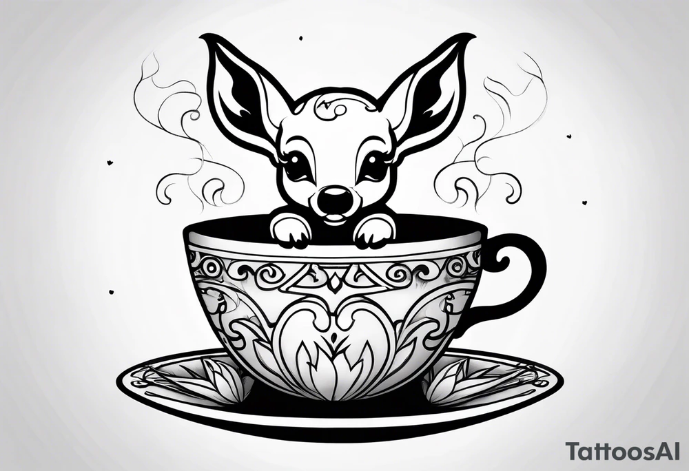 simple line art fawn inside a teacup tattoo idea