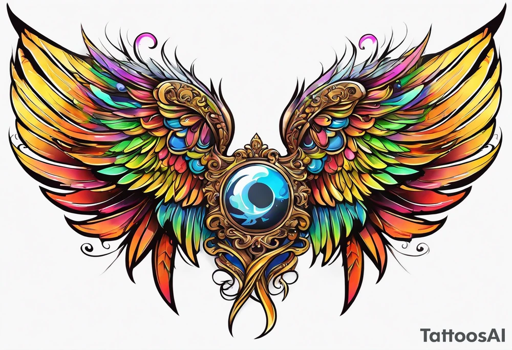 beautiful intricate colorful new school angel wings, tattoo idea
