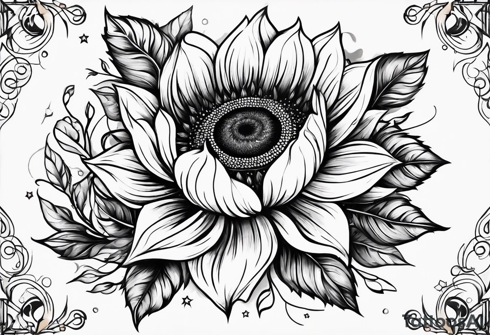 elegant tattoo design with sunflower surrounded by circle of little stars and arrow tattoo idea