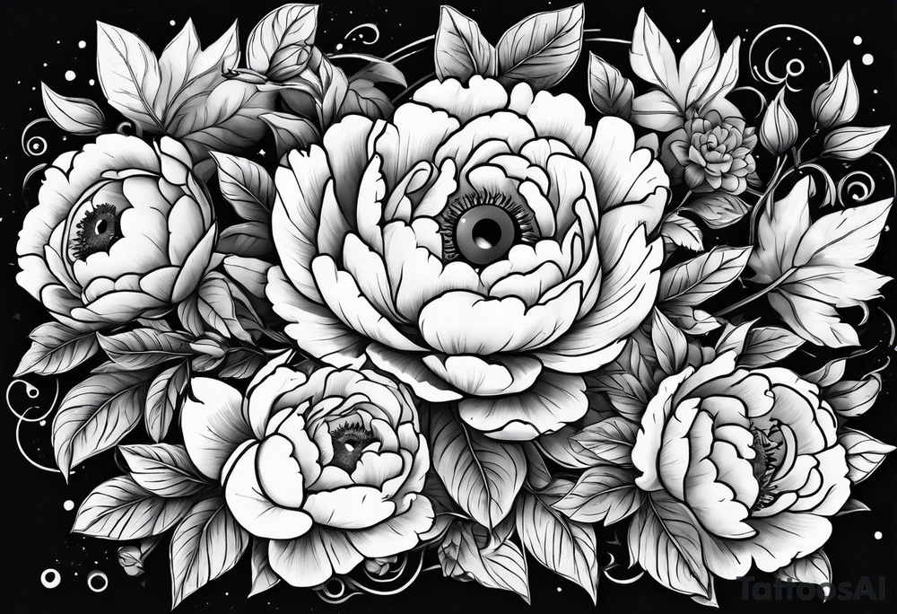 Peonies leaves roses evil eye moon stars triangles tattoo idea