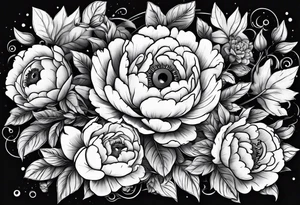 Peonies leaves roses evil eye moon stars triangles tattoo idea
