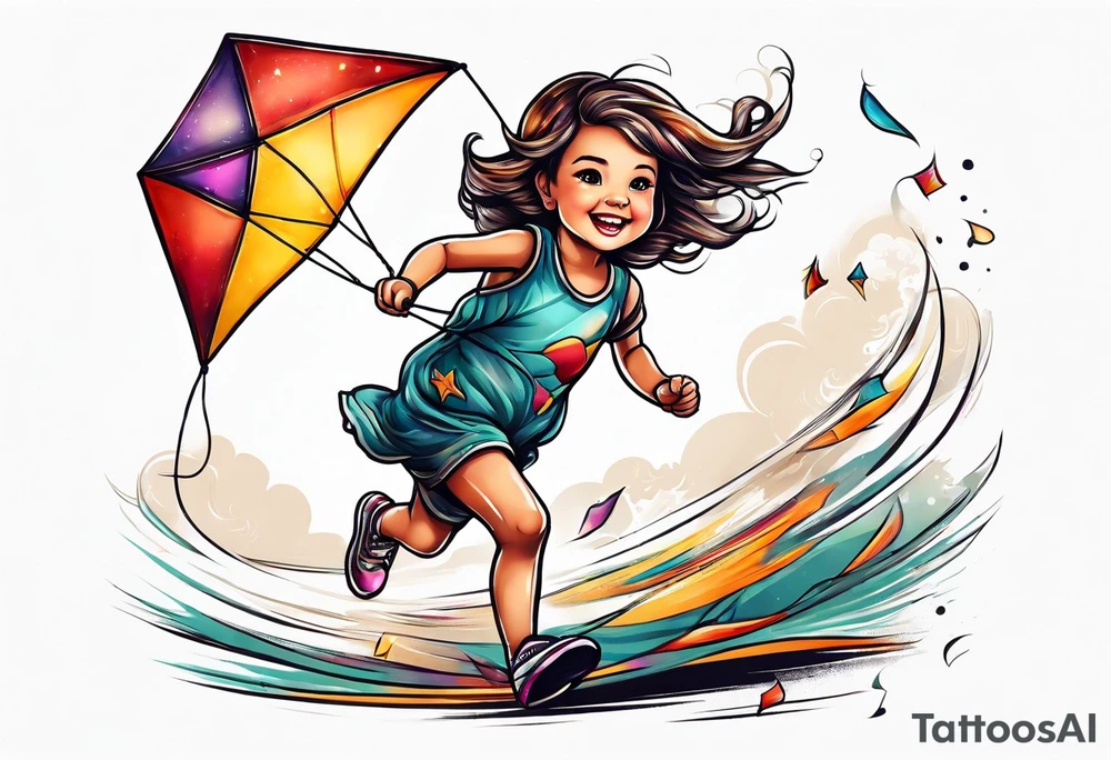 a little girl running away holding a kite tattoo idea
