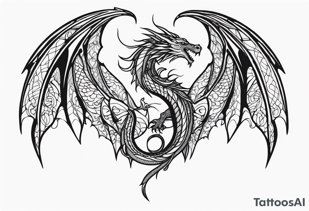 Mother dragon wings spread protecting her 3 young dragons tattoo idea