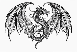Mother dragon wings spread protecting her 3 young dragons tattoo idea