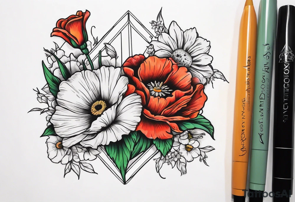 A daisy and a rose with gladiolus flowers and poppies weaving through tattoo idea
