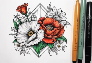 A daisy and a rose with gladiolus flowers and poppies weaving through tattoo idea