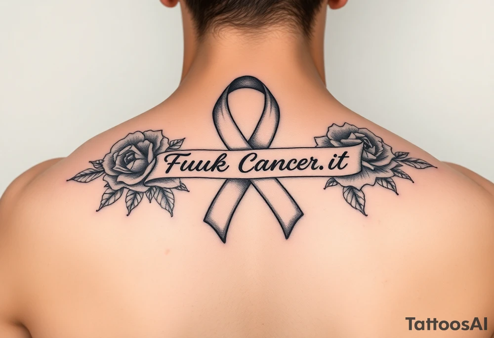 Cancer ribbon that says fuck cancer pretty with roses on arm tattoo idea