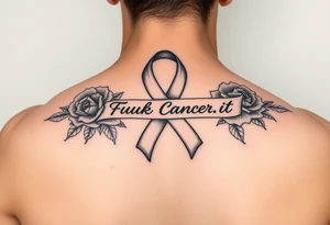 Cancer ribbon that says fuck cancer pretty with roses on arm tattoo idea