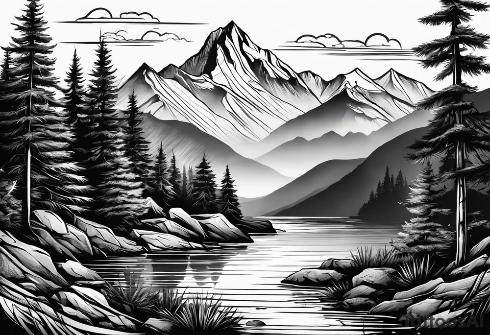 Mountains and in the mountains is a sun with sunbeams that comes out on the mountains from the mountains a river runs down tattoo idea