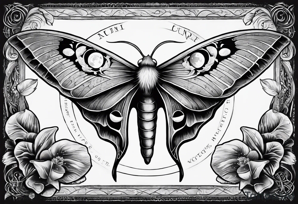 luna moth anatomically correct with each phase of the moon in order under the moth, and the words "carpe noctem" above it in sans serif font tattoo idea