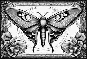 luna moth anatomically correct with each phase of the moon in order under the moth, and the words "carpe noctem" above it in sans serif font tattoo idea