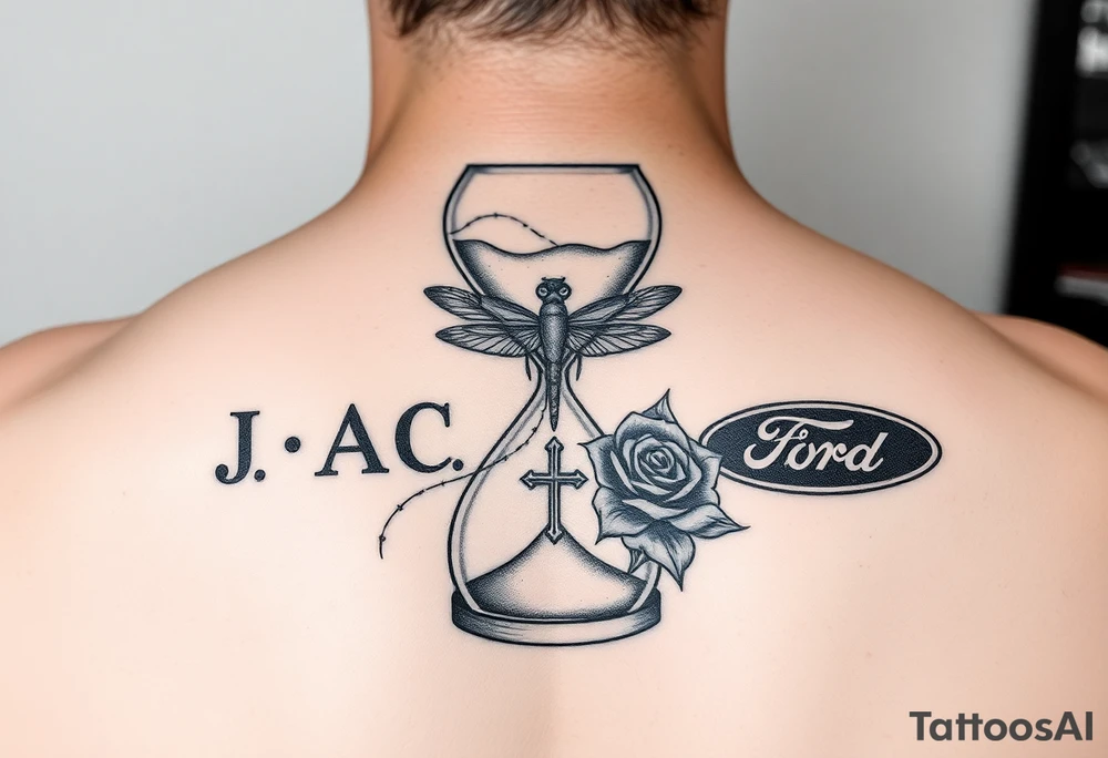 Hourglass with the letters J, A, C in the sand, dragonfly, cross, black rose, and Ford emblem tied into each other tattoo idea
