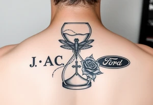Hourglass with the letters J, A, C in the sand, dragonfly, cross, black rose, and Ford emblem tied into each other tattoo idea
