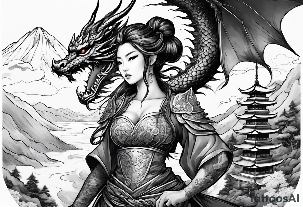 warrior beautiful fairy nymph with a full body with a sword and a full dragon with a mountain with clouds and a Japanese building background tattoo idea