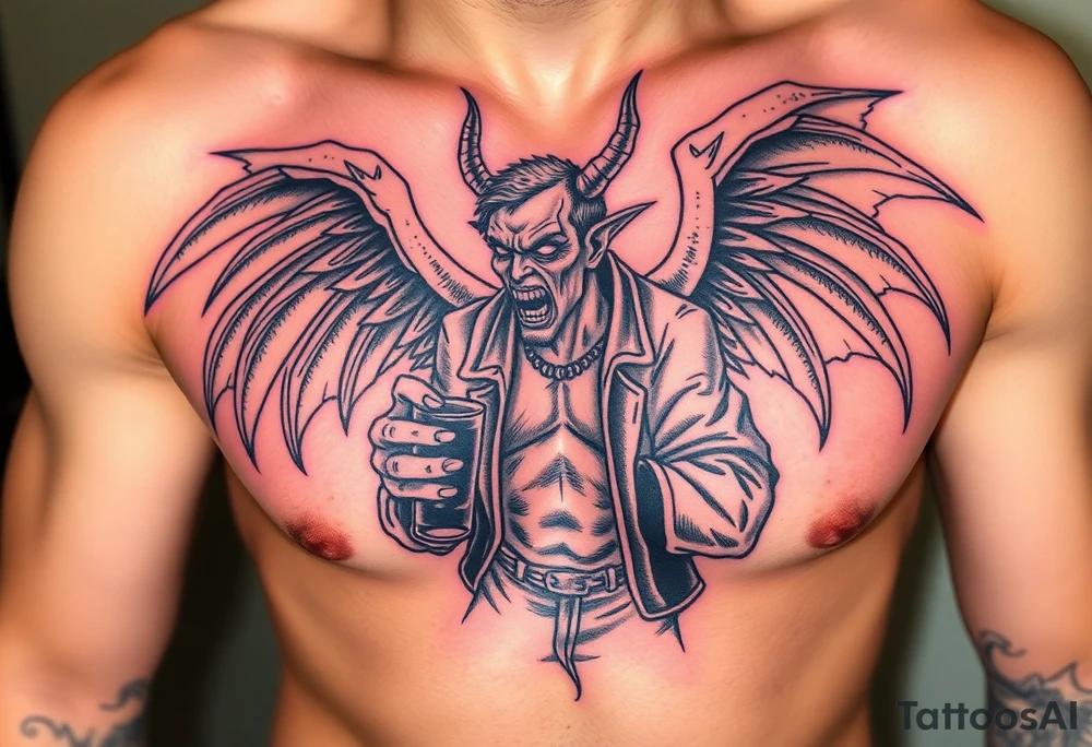 demonic angel in clothes having a good time getting drunk tattoo idea
