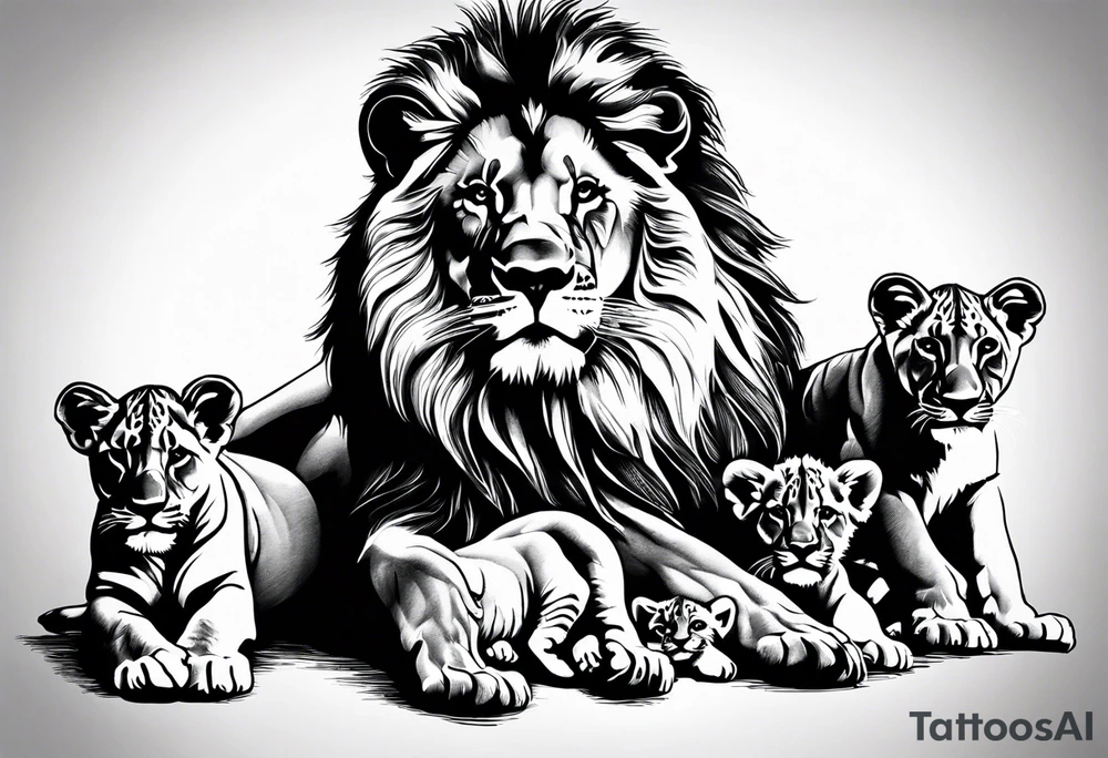 Full sleeve tattoo depicting a large lion protecting his lioness and 6 lion cubs. Background should depict a safari scene tattoo idea