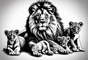 Full sleeve tattoo depicting a large lion protecting his lioness and 6 lion cubs. Background should depict a safari scene tattoo idea