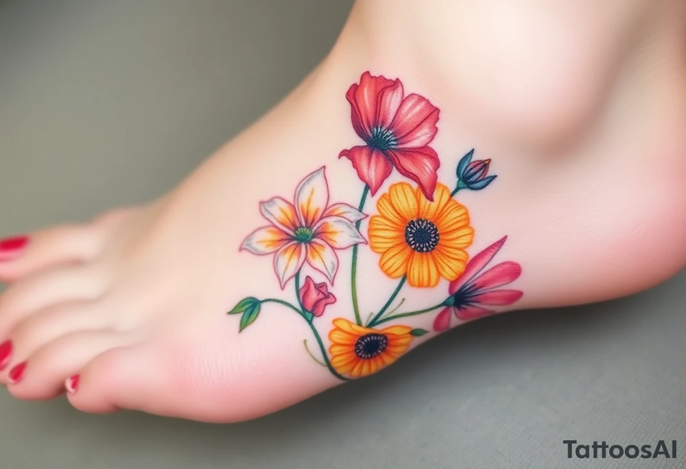 a vibrant, watercolor tattoo with one rose, one lily, one marigold, and one cosmos flower tattoo idea