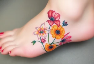 a vibrant, watercolor tattoo with one rose, one lily, one marigold, and one cosmos flower tattoo idea