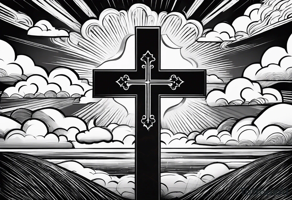 bible verse with a very simple cross in the background and realistic clouds shadowing the cross in the background tattoo idea