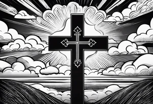 bible verse with a very simple cross in the background and realistic clouds shadowing the cross in the background tattoo idea