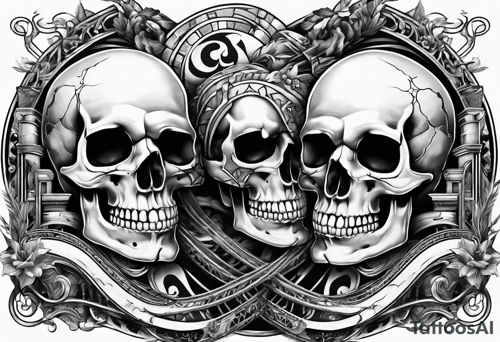 skull halves stitched together with roller coaster track tattoo idea