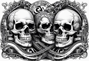 skull halves stitched together with roller coaster track tattoo idea