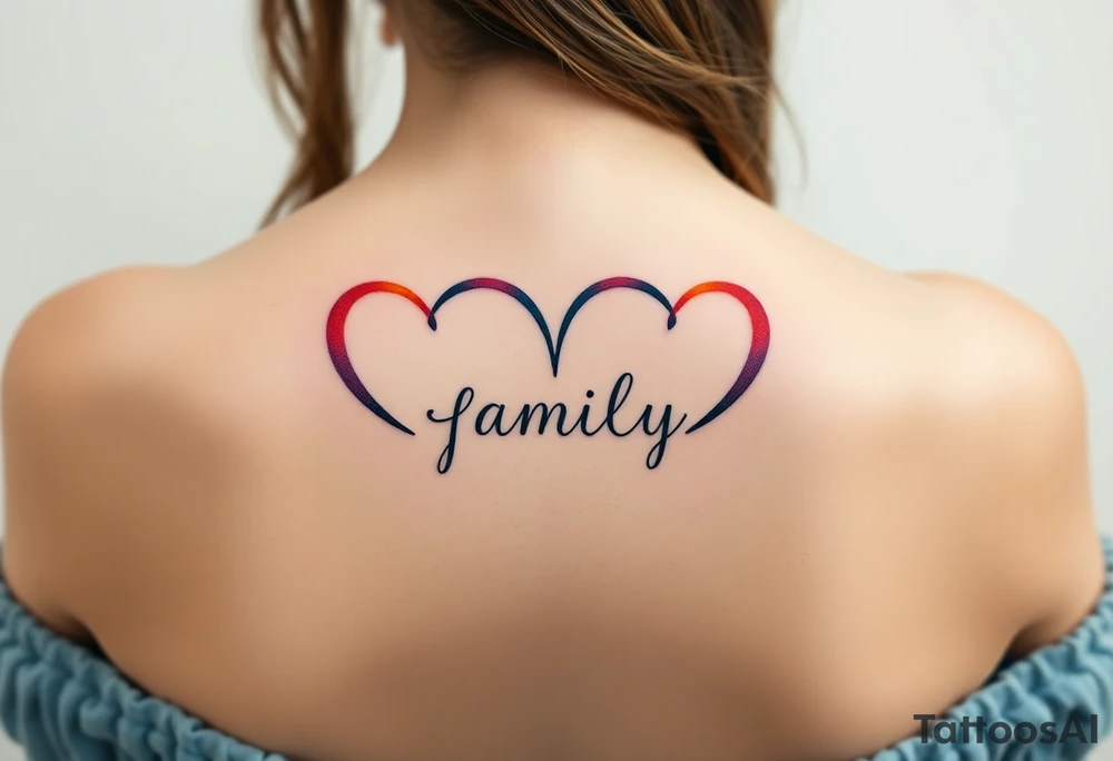 Colorful heart-shaped infinity symbol loop endings, and the word "family" elegantly placed at the center in a soft script tattoo idea