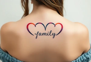 Colorful heart-shaped infinity symbol loop endings, and the word "family" elegantly placed at the center in a soft script tattoo idea