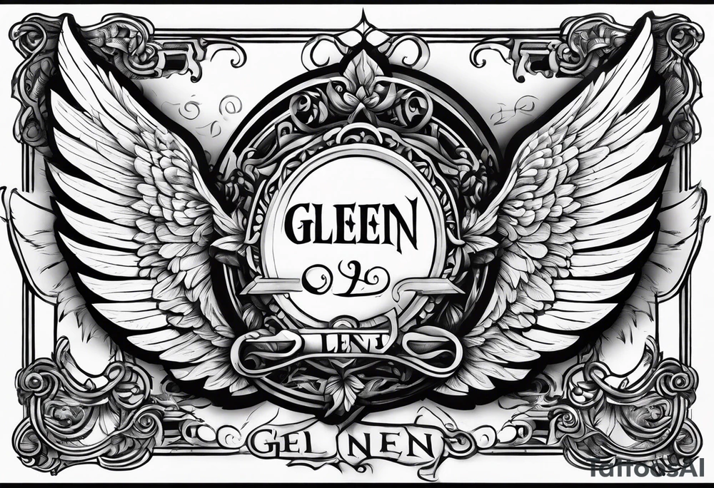The word Glenn on a banner with angel Wings tattoo idea