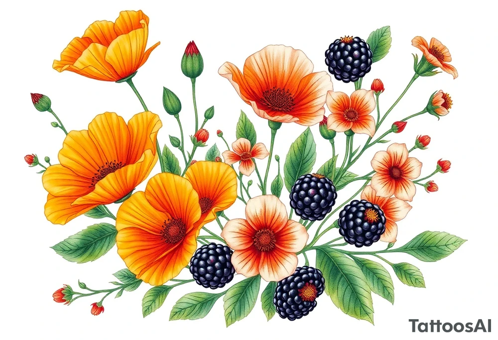 California wildflowers, poppies, and orange fruit and orange blossoms. Blackberries plant/flower. tattoo idea