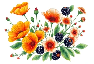 California wildflowers, poppies, and orange fruit and orange blossoms. Blackberries plant/flower. tattoo idea