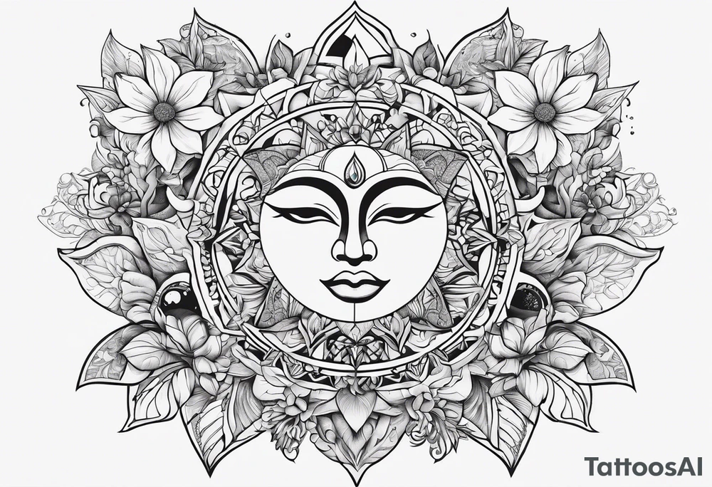 Design a tattoo that symbolizes power, peace and love with the sun and moon and with flowers and butterflies but also shows masculinity tattoo idea