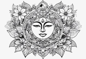 Design a tattoo that symbolizes power, peace and love with the sun and moon and with flowers and butterflies but also shows masculinity tattoo idea