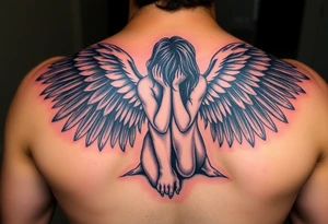 fallen angel Dante Mikha'el on her knees with great full wings, looking her darkened hand head down and her hair cover her half face tattoo idea