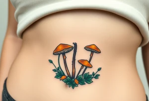 A mole surrounded by ethereal golden glowing mushrooms, blending shades of ochre, bronze, and deep forest green tattoo idea