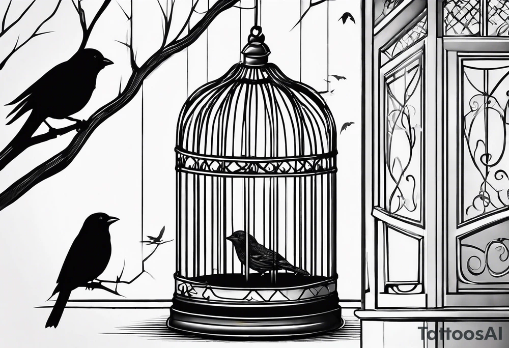 A simple bird cage with the door open with a bird flying out tattoo idea