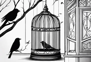 A simple bird cage with the door open with a bird flying out tattoo idea