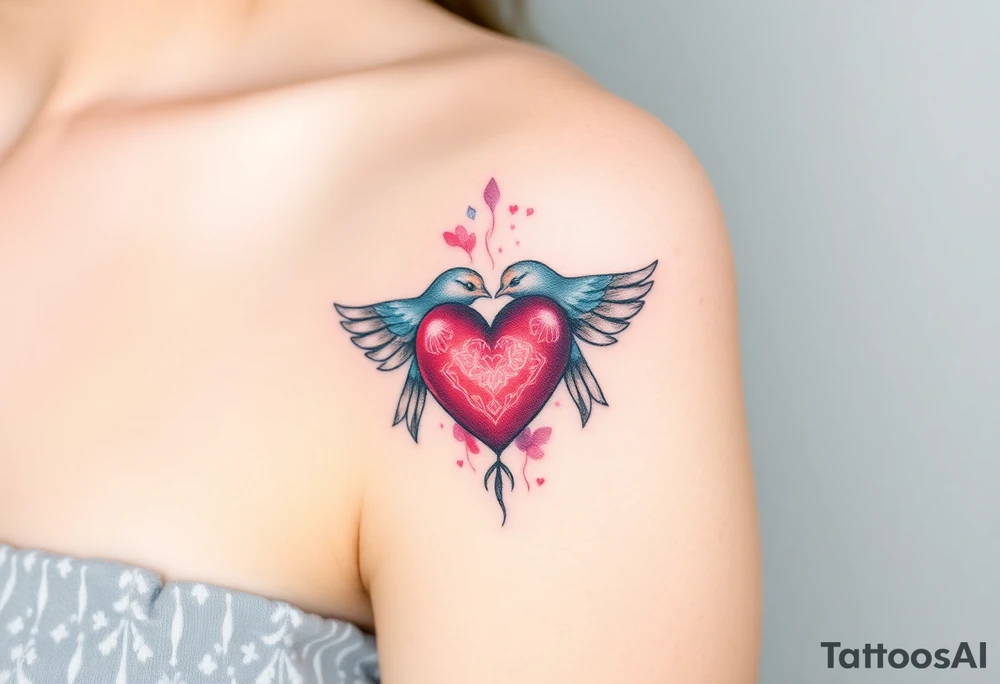 dainty sacred heart with two birds tattoo idea