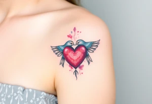dainty sacred heart with two birds tattoo idea